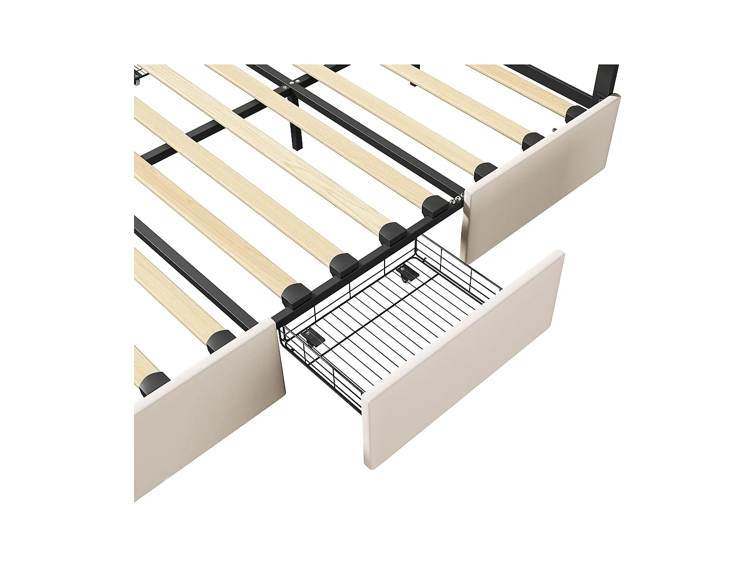 Lit Capitonné 160x200cm avec LED, avec 4 Tiroirs de Rangement, avec Sommier à Lattes, PU, Blanc
