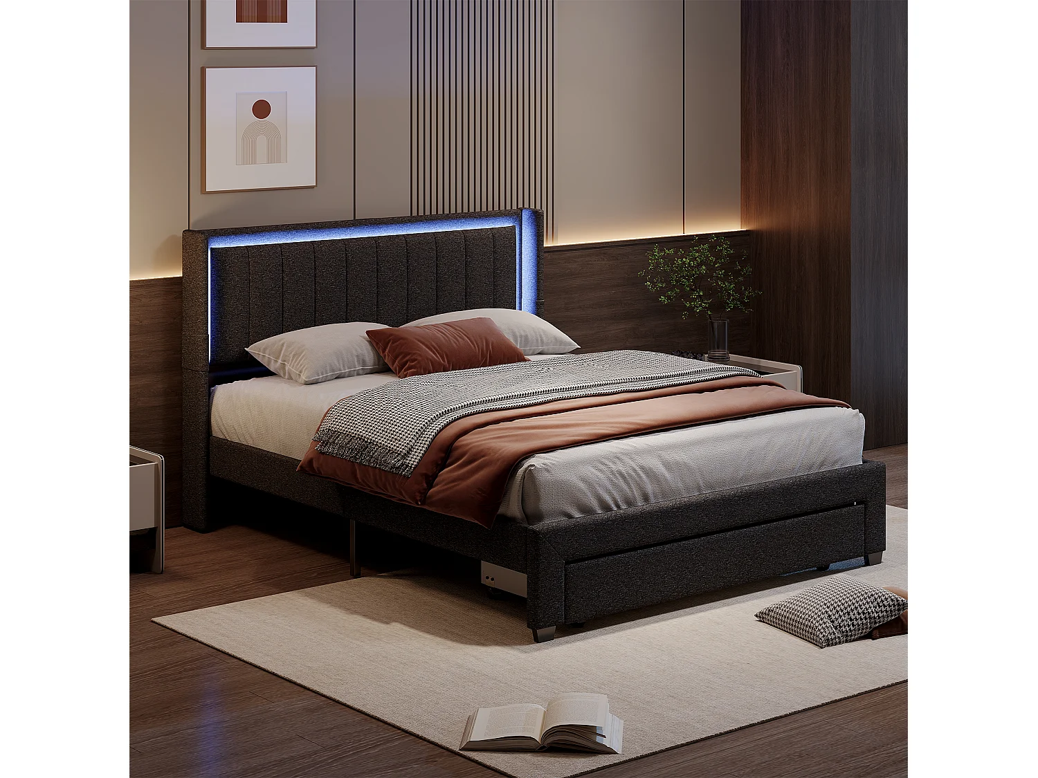 Letto matrimoniale 160 x 200 cm, letto imbottito con LED e 2 porte USB, spazio di archiviazione, grigio