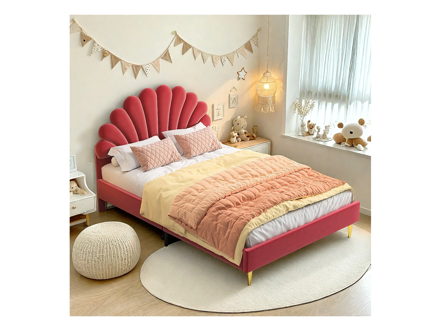 Tweepersoonsbed 140 x 200 cm, gestoffeerd, met bloemvormig hoofdbord en lattenbodem, rood