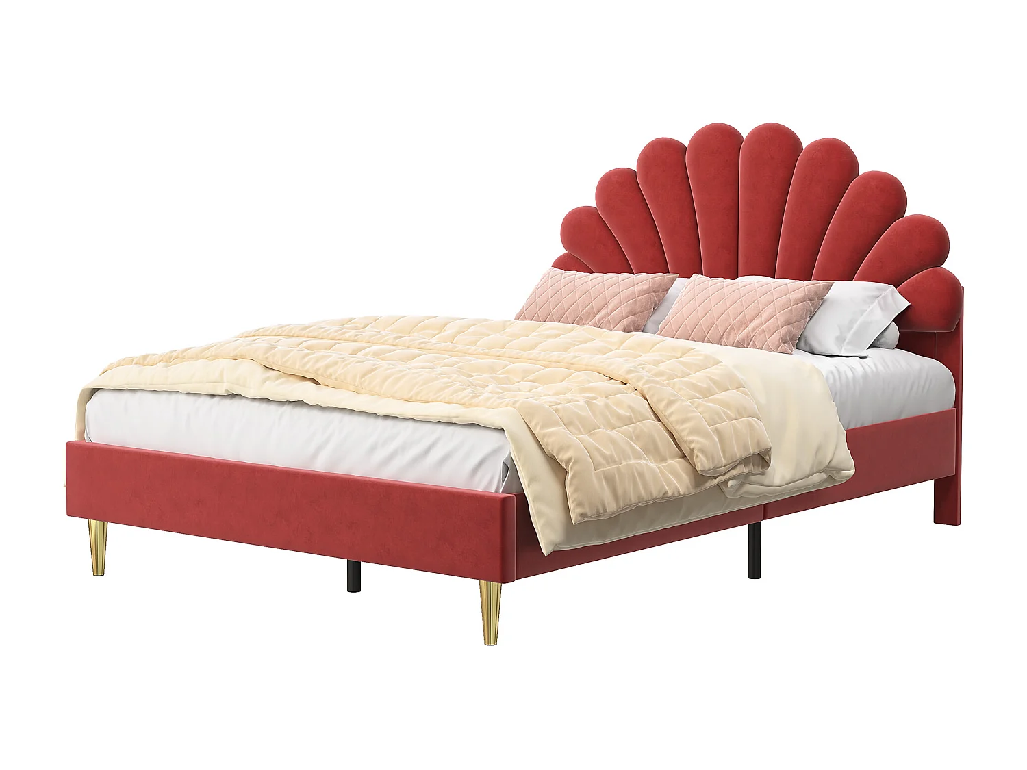 Tweepersoonsbed 140 x 200 cm, gestoffeerd, met bloemvormig hoofdeinde en lattenbodem, rood