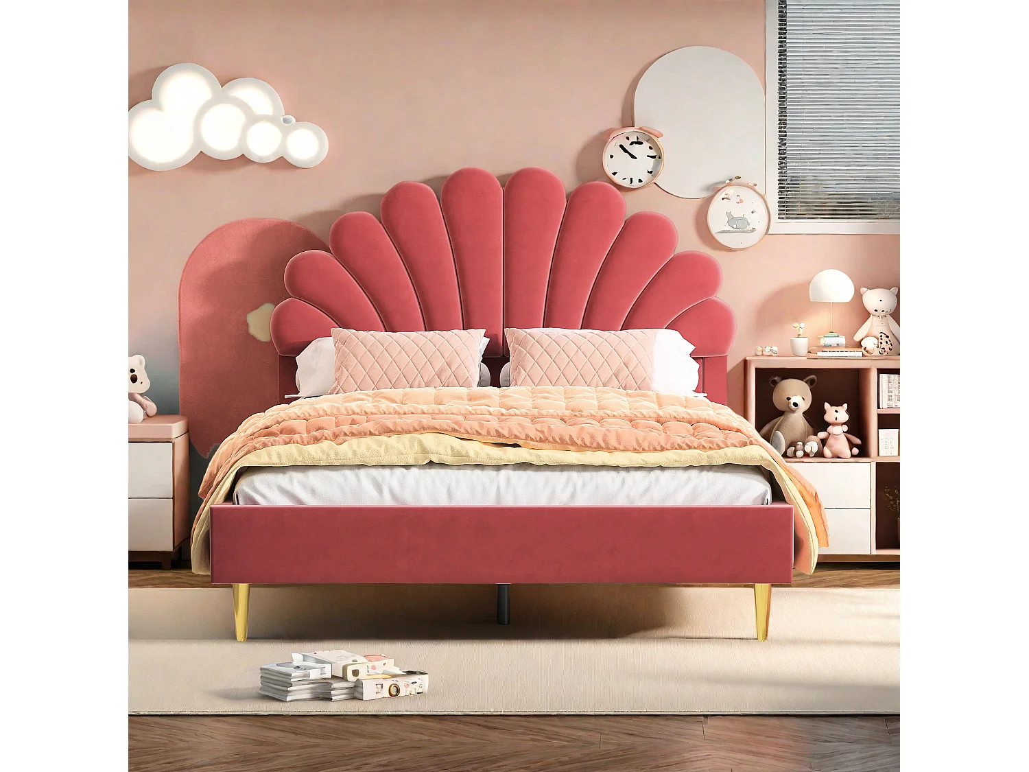 Tweepersoonsbed 140 x 200 cm, gestoffeerd, met bloemvormig hoofdeinde en lattenbodem, rood