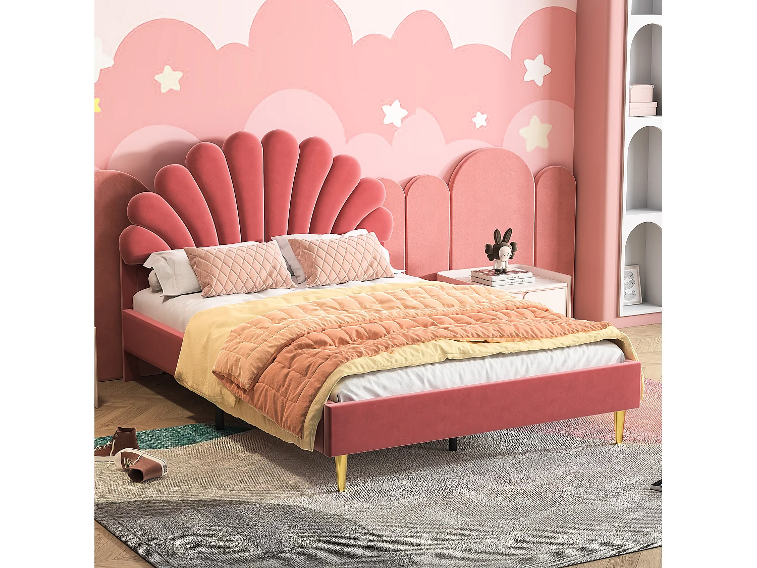 Tweepersoonsbed 140 x 200 cm, gestoffeerd, met bloemvormig hoofdeinde en lattenbodem, rood