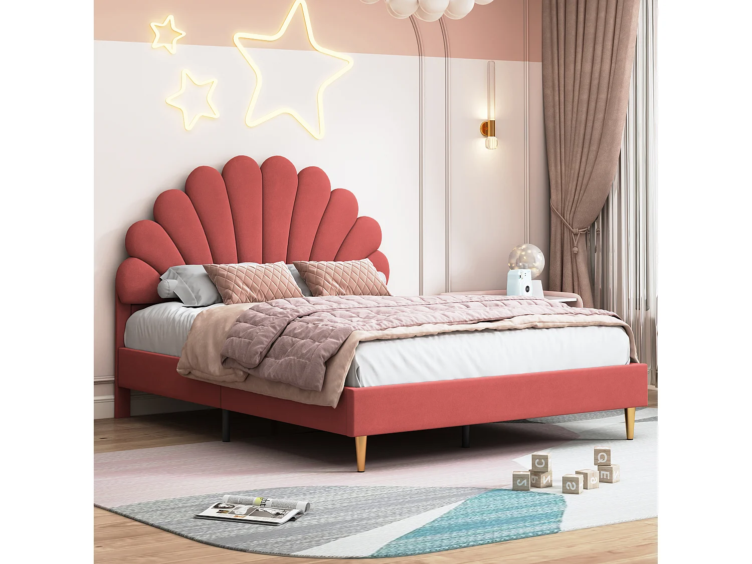 Tweepersoonsbed 140 x 200 cm, gestoffeerd, met bloemvormig hoofdeinde en lattenbodem, rood