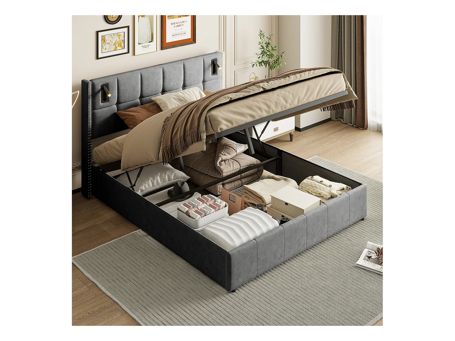 Letto contenitore 160x200, letto imbottito a LED con USB e letto Type-C, letto matrimoniale, grigio