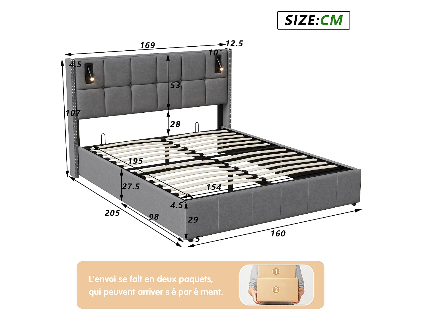 Lit double rembourré, 160 x 200 cm, avec espace de rangement hydraulique, lampe de lecture, sommier à sommier tapissier, velours, gris, sans matelas