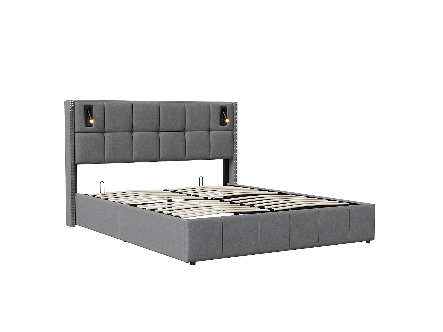 Lit double rembourré, 160 x 200 cm, avec espace de rangement hydraulique, lampe de lecture, sommier à sommier tapissier, velours, gris, sans matelas