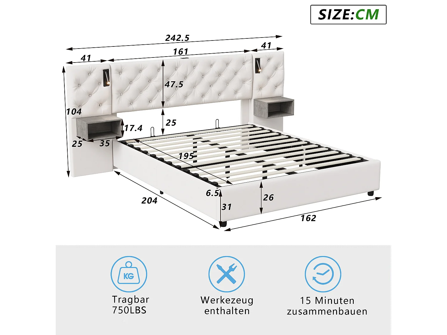 Opbergbed 160 x 200 cm met LED- en USB-bodem, lattenbodem, fluweel, wit