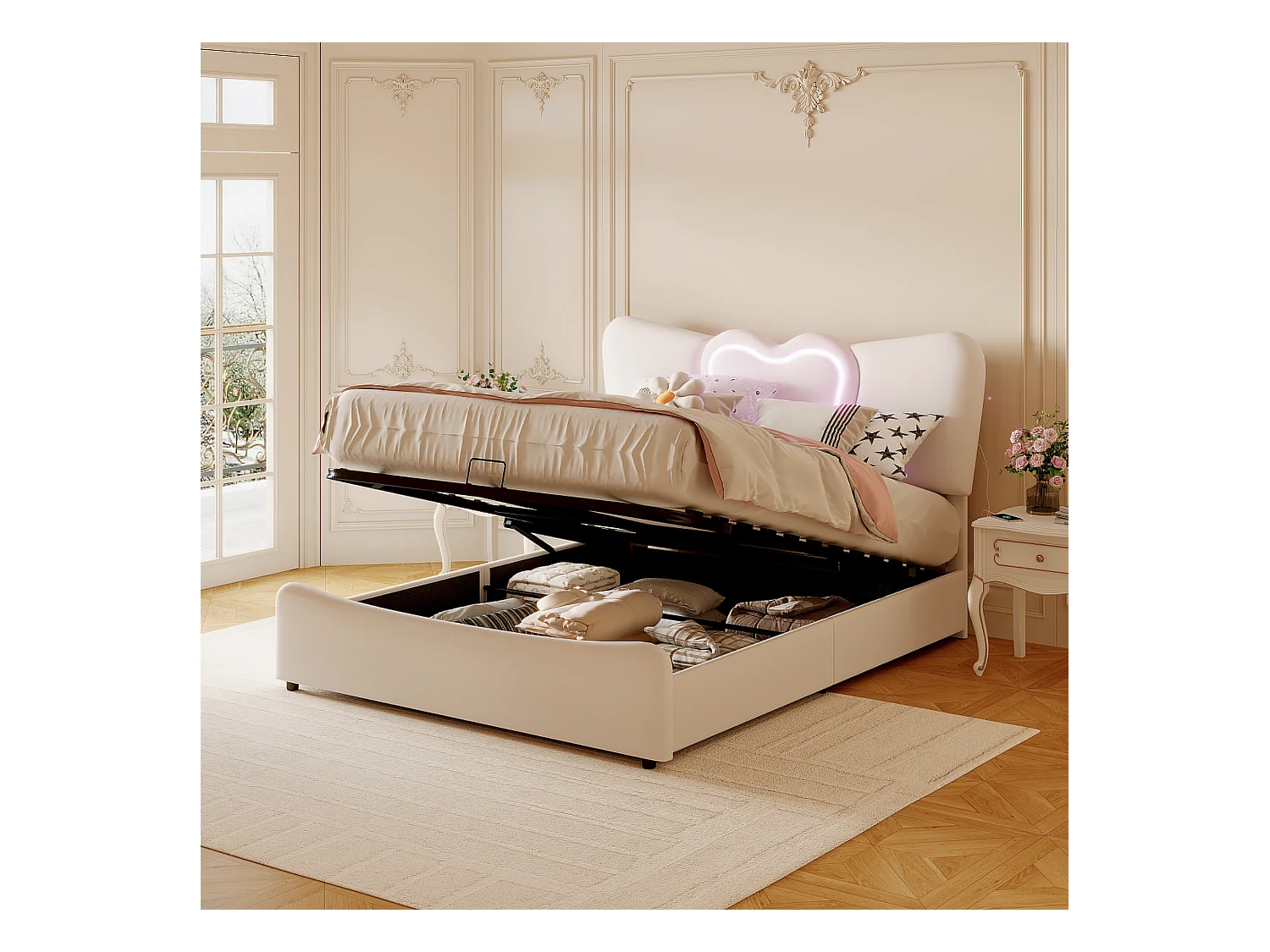 Letto contenitore in velluto beige 160x200 cm con testiera LED a forma di cuore e porta USB