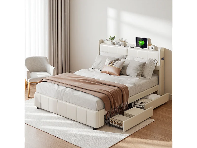 Cama 140x200 cm com estrado de ripas, com 4 gavetas de arrumação e carregamento USB, PU, Branco
