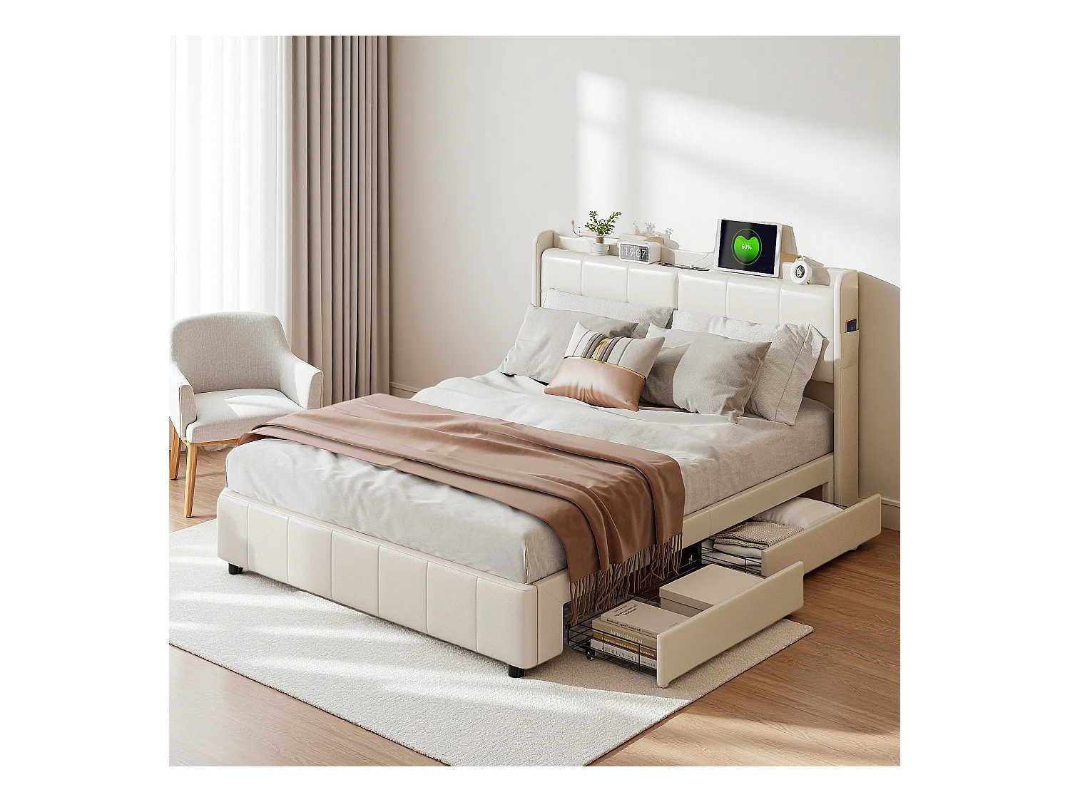Cama 140x200 cm com estrado de ripas, com 4 gavetas de arrumação e carregamento USB, PU, Branco