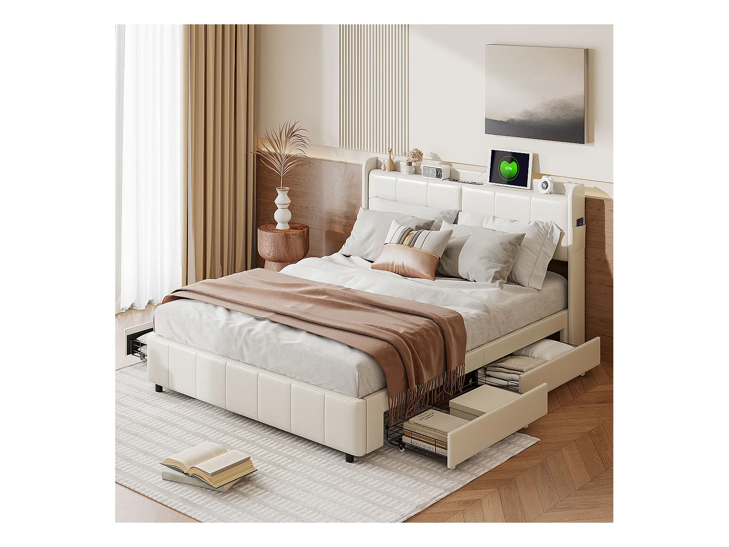 Cama 140x200 cm com estrado de ripas, com 4 gavetas de arrumação e carregamento USB, PU, Branco