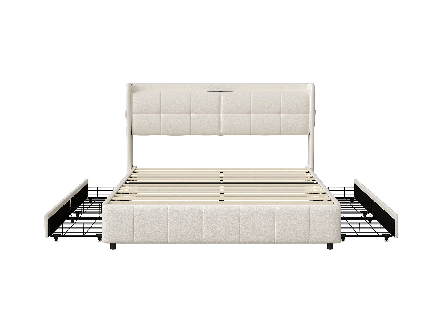 Cama 140x200 cm com estrado de ripas, com 4 gavetas de arrumação e carregamento USB, PU, Branco