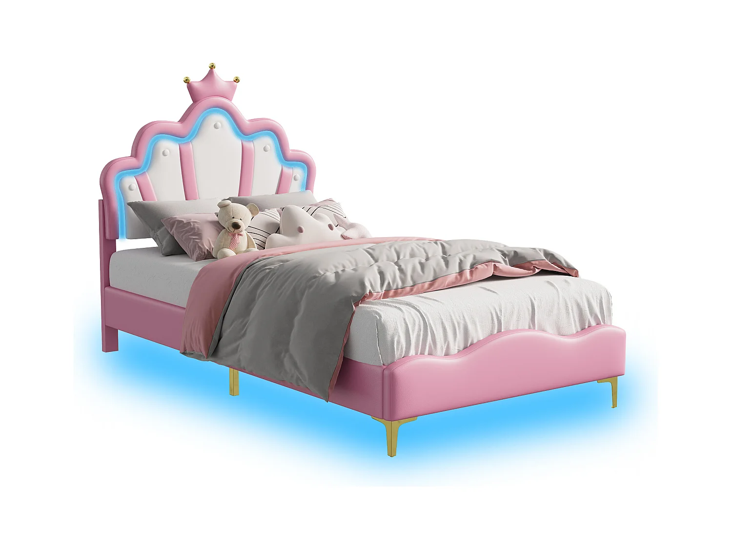 Cama infantil estofada 90 x 200 cm com LED, cama princesa, poliuretano, rosa