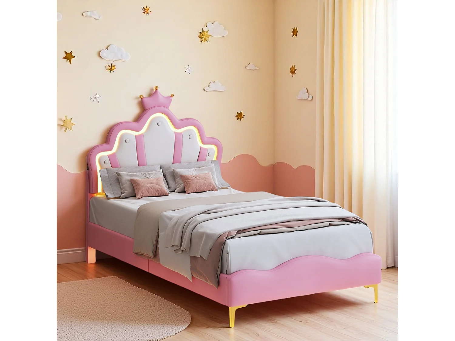 Lit Enfant Fille 90x200 cm, Lit Princesse avec LED, Tête de Lits Réglable en Hauteur en Forme de Couronne, Sommier à Lattes, PU, rose