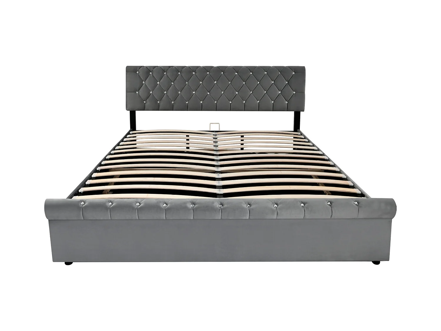 Camas estofadas 160 x 200 cm, Estrutura de cama adulto com estrado de ripas e cabeceira, Veludo, Cinza