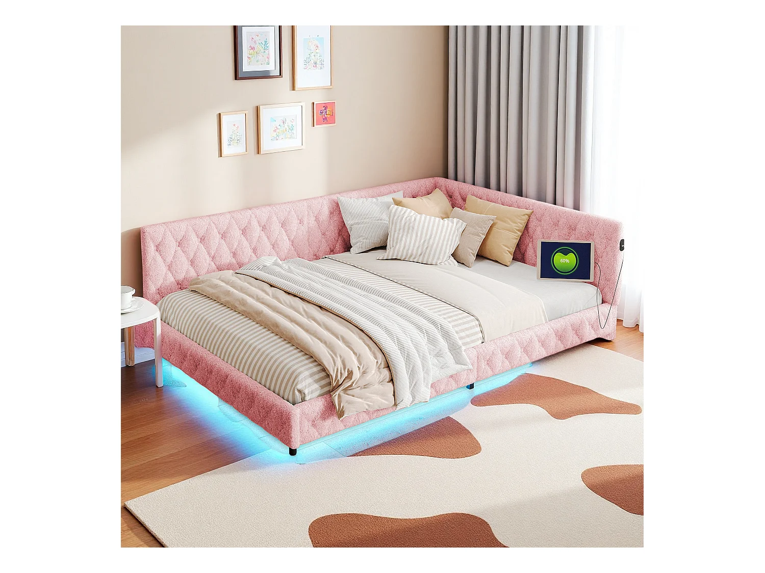 Struttura letto 140x200, Letto Matrimoniale Velvet, con LED e USB, con rete a doghe, rosa