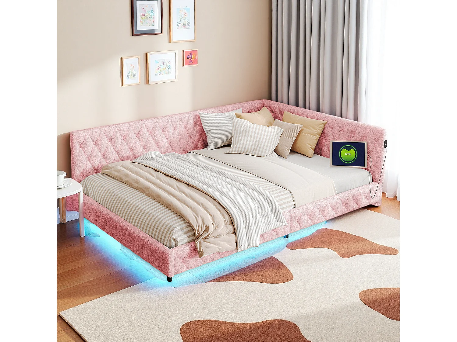 Estrutura de cama 140x200, Cama de casal em veludo, com LED e USB, com estrado de ripas, rosa