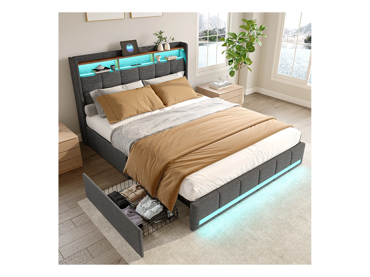 Cama doble 140x200 cm con base, LED y USB, 4 cajones y cabecero con almacenaje, lino, gris