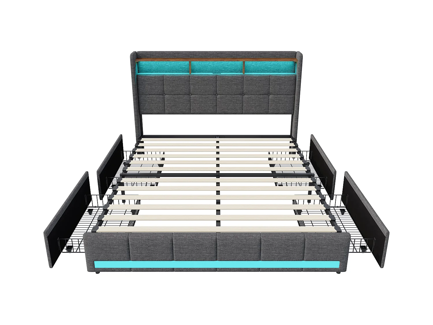 Cama doble 140x200 cm con base, LED y USB, 4 cajones y cabecero con almacenaje, lino, gris