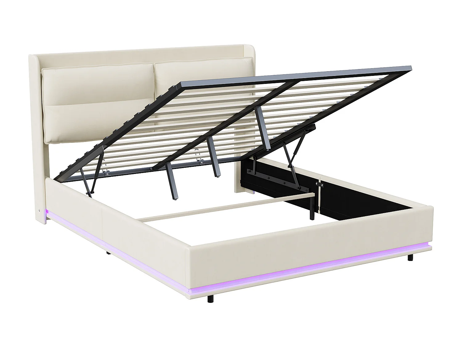 Lit rembourré 160 x 200 cm avec sommier à Lattes et LED, avec Port USB et Rangement, Beige