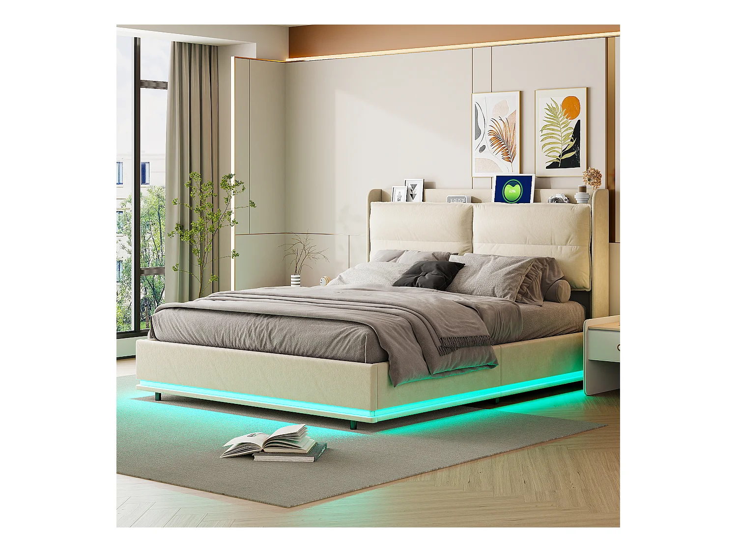 Cama tapizada 160x200 cm con somier de láminas y LED, con puerto USB y almacenaje, Beige