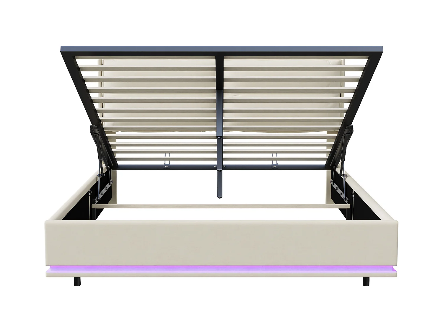 Cama tapizada 160x200 cm con somier de láminas y LED, con puerto USB y almacenaje, Beige