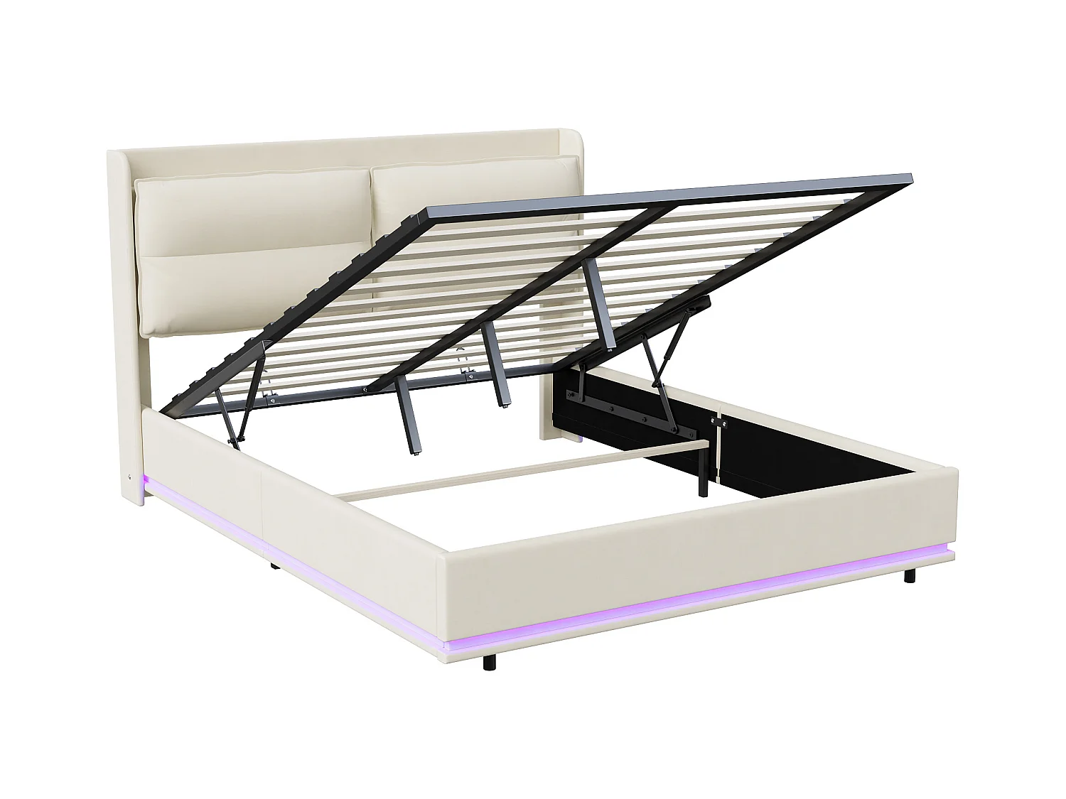 Cama tapizada 160x200 cm con somier de láminas y LED, con puerto USB y almacenaje, Beige