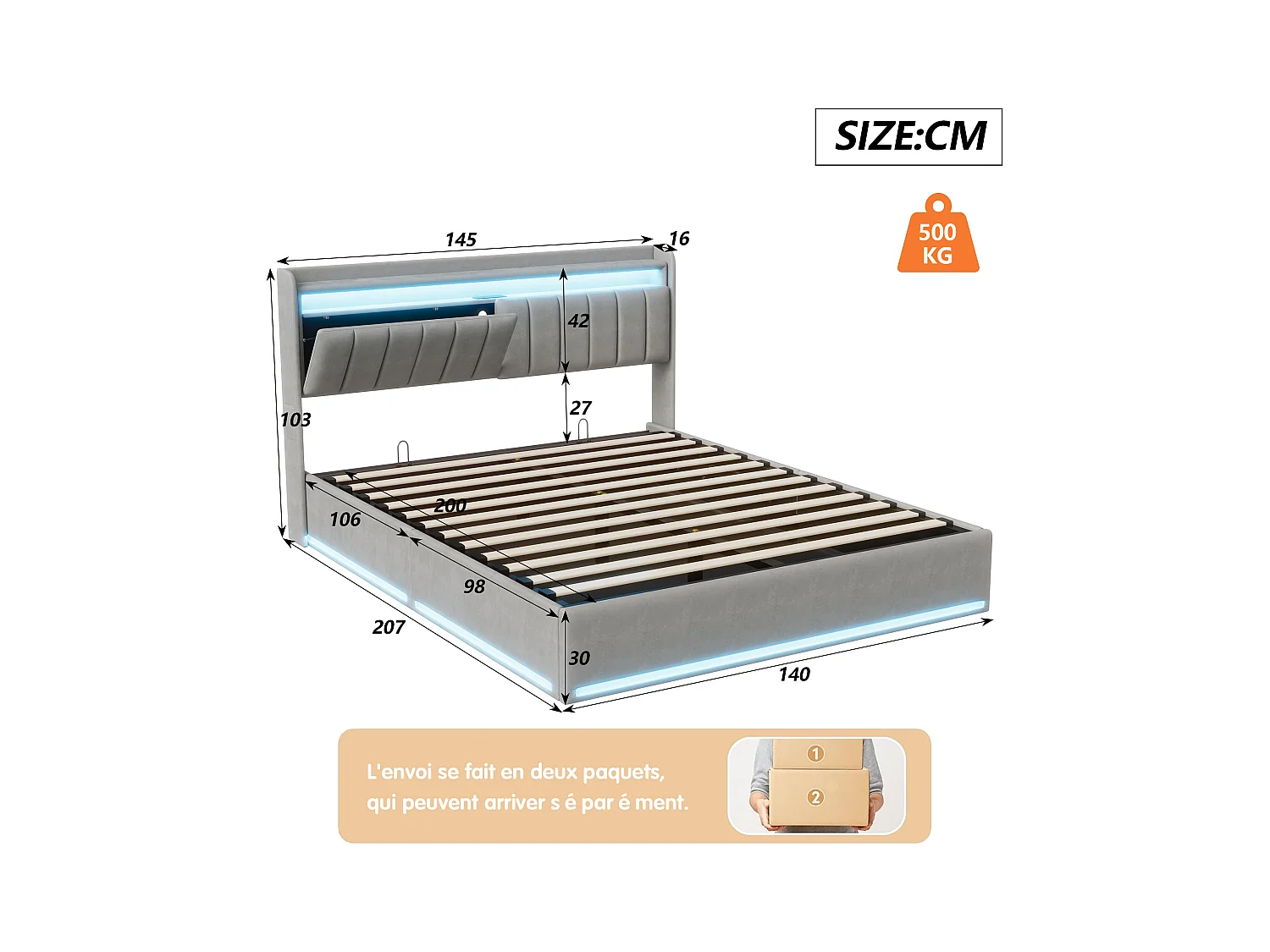 140x200 opbergbed met bodem, gestoffeerd tweepersoonsbed, opbergbedden voor volwassenen met bodem, grijs