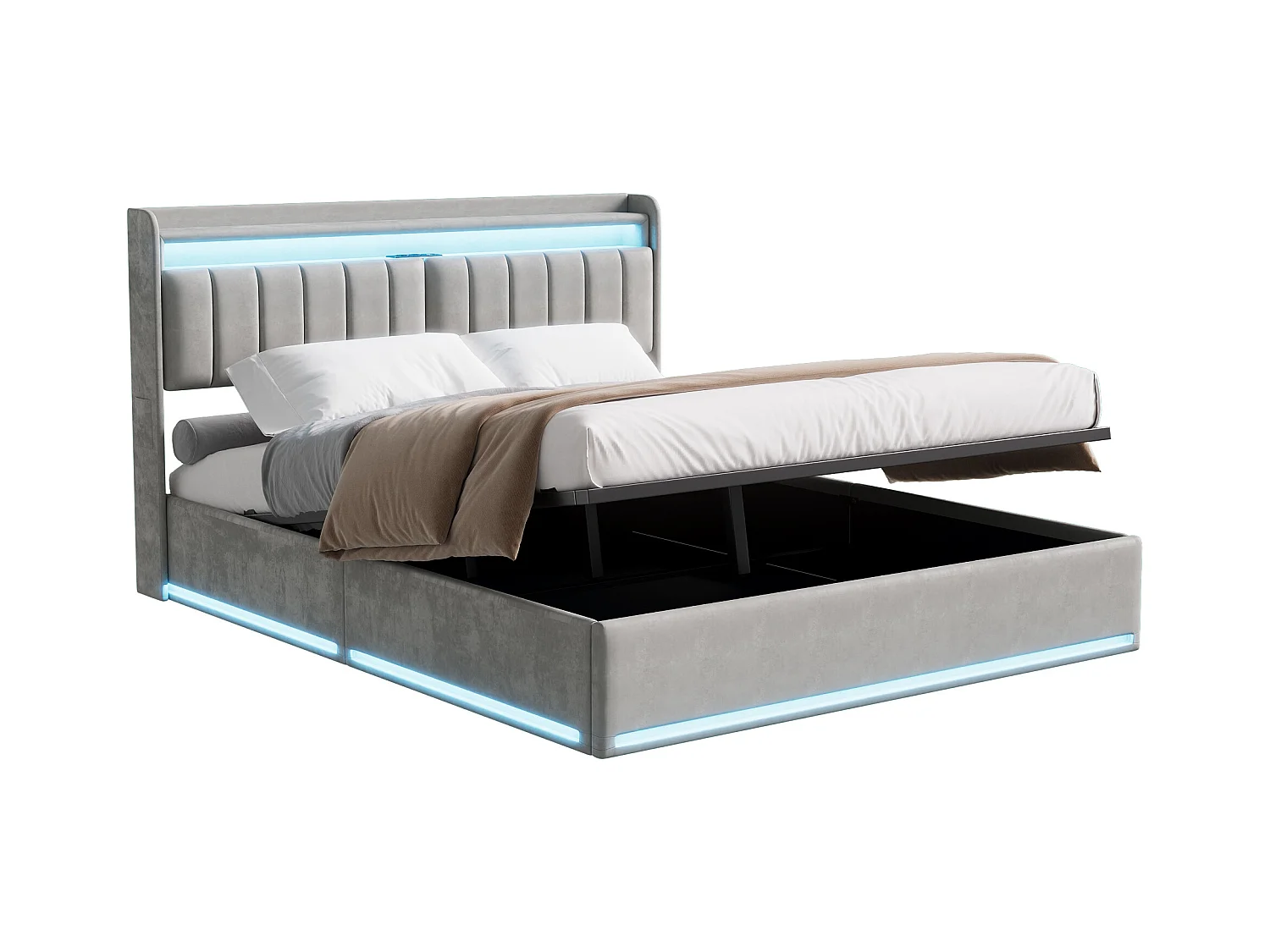 140x200 opbergbed met bodem, gestoffeerd tweepersoonsbed, opbergbedden voor volwassenen met bodem, grijs