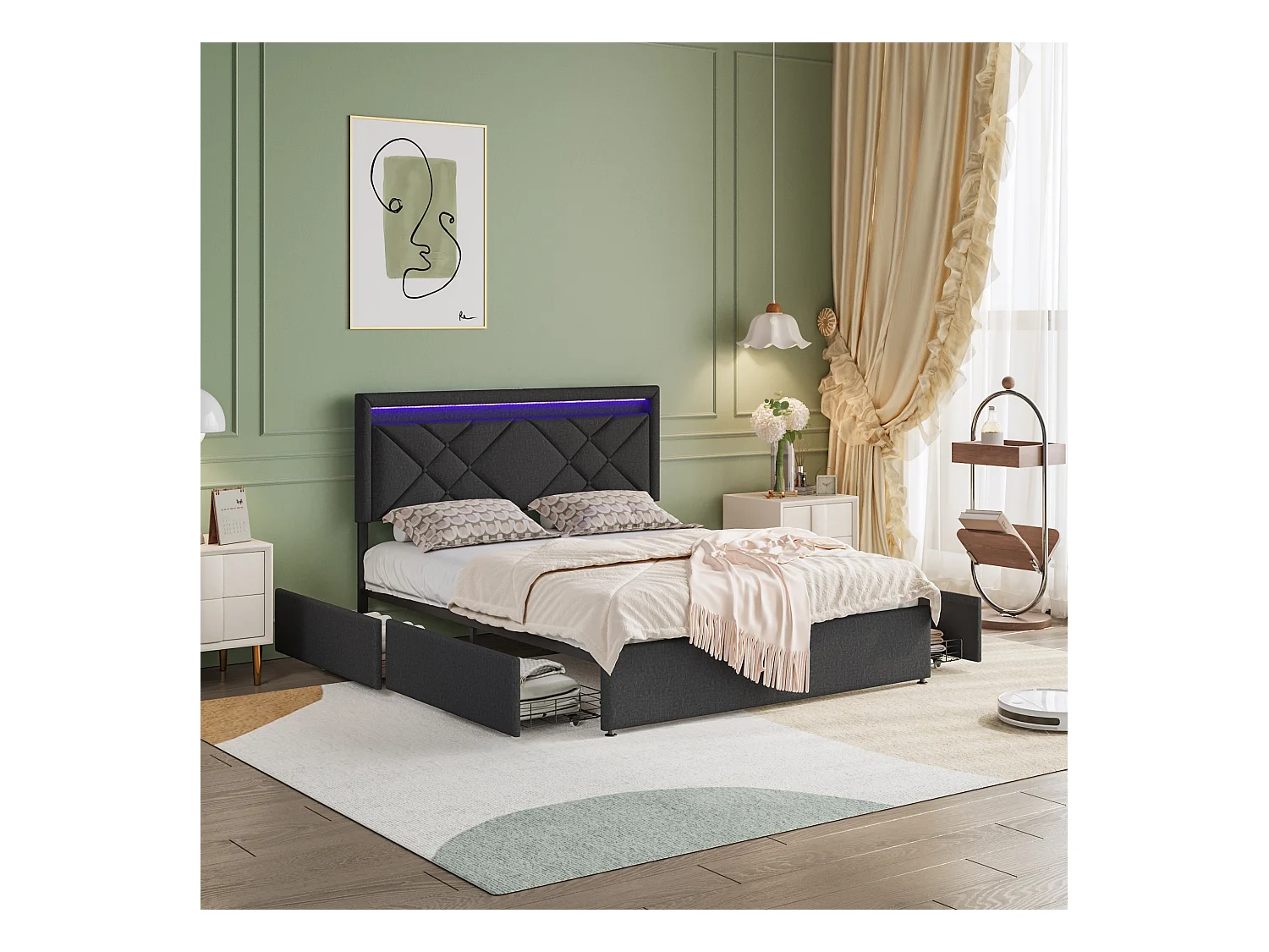 Lit double rembourré, 160 x 200 cm, avec LED et USB, espace de rangement avec tiroirs, lin, gris