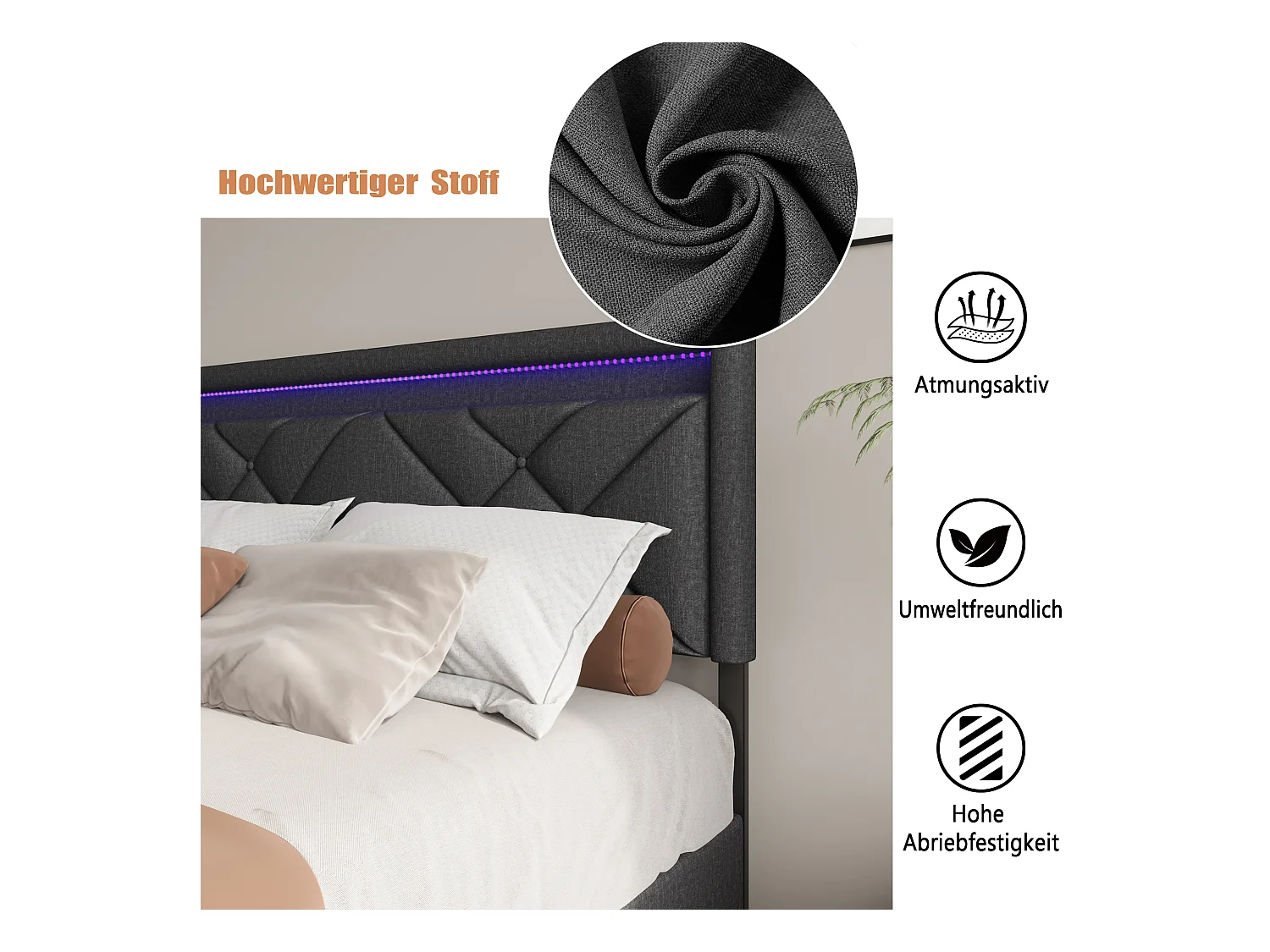 Lit double rembourré, 160 x 200 cm, avec LED et USB, espace de rangement avec tiroirs, lin, gris