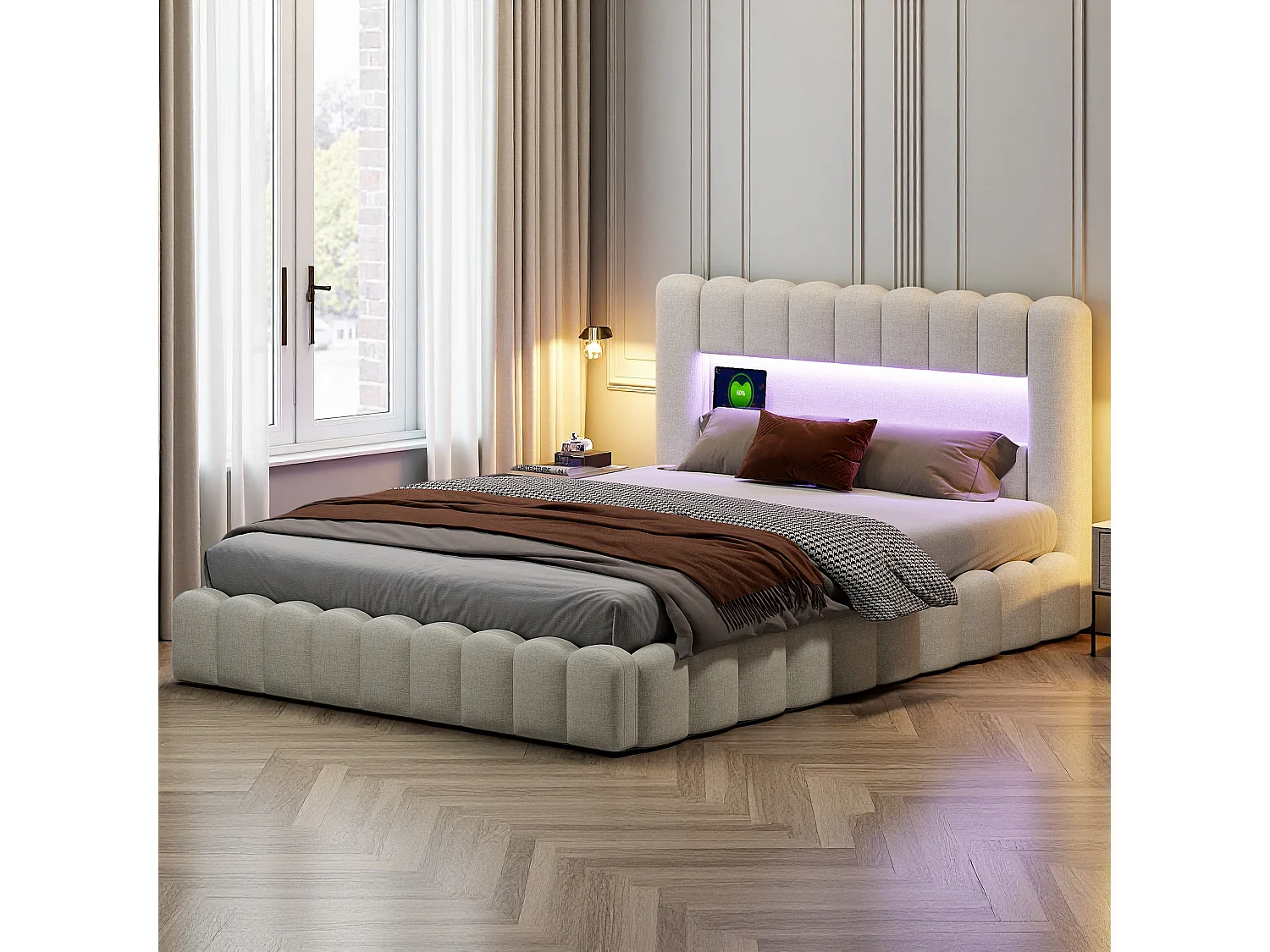 Letto matrimoniale imbottito, stile bubble, 140 x 200 cm, con LED e porte USB, letto contenitore, Beige