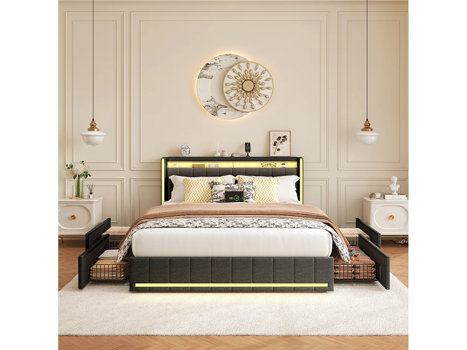 Cama de armazenamento 140x200 cm, cama de casal estofada com USB e tipo C, LED, com 4 gavetas, linho, cinza