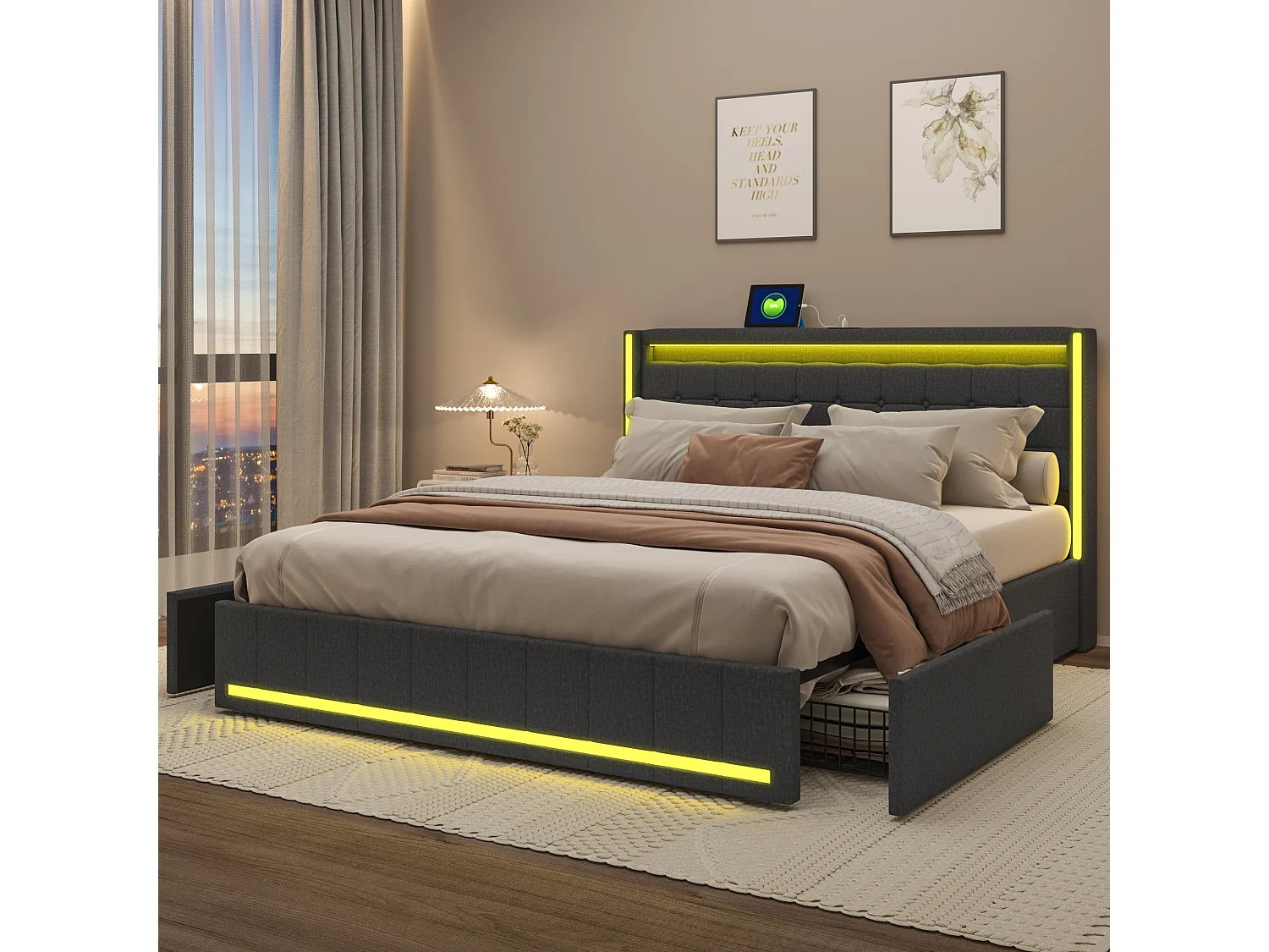 Cama de armazenamento 140x200 cm, cama de casal estofada com USB e tipo C, LED, com 4 gavetas, linho, cinza