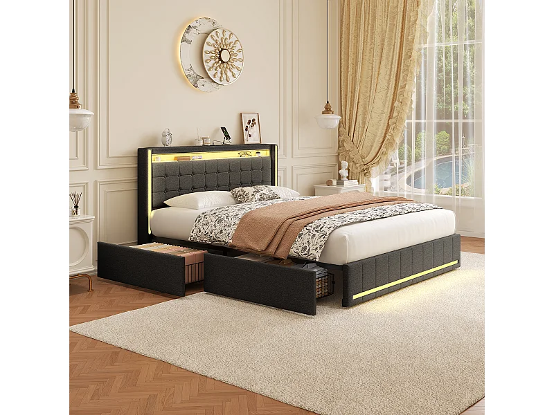 Cama de armazenamento 140x200 cm, cama de casal estofada com USB e tipo C, LED, com 4 gavetas, linho, cinza