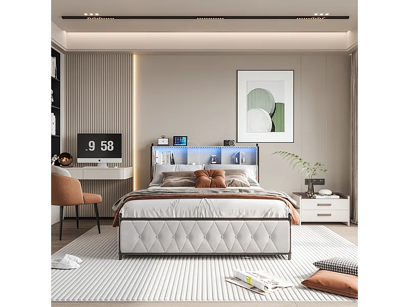 Cama de casal estofada 160x200cm, com 2 USB, cama LED com 4 gavetas de armazenamento, veludo, bege