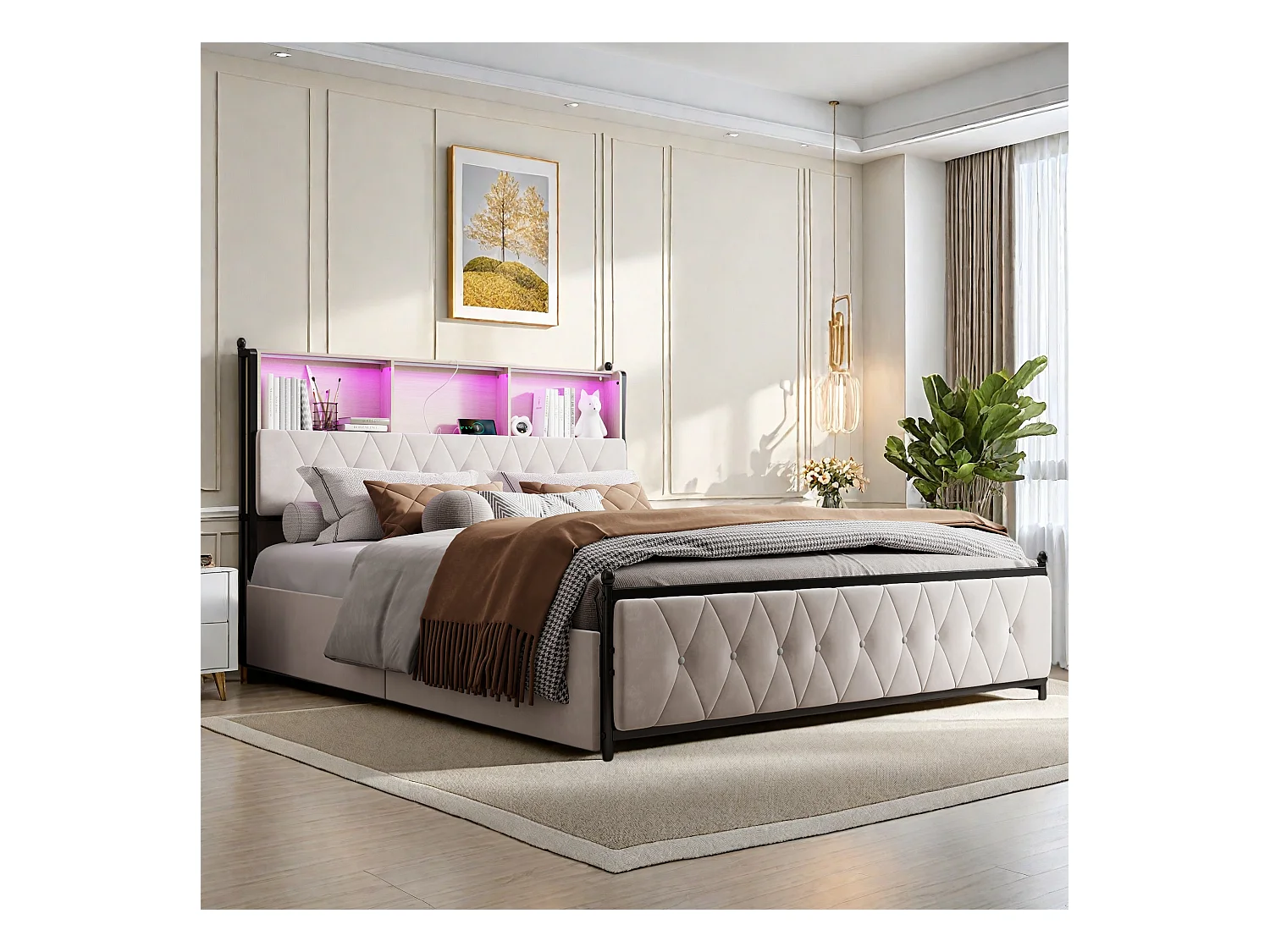 Cama de casal estofada 160x200cm, com 2 USB, cama LED com 4 gavetas de armazenamento, veludo, bege