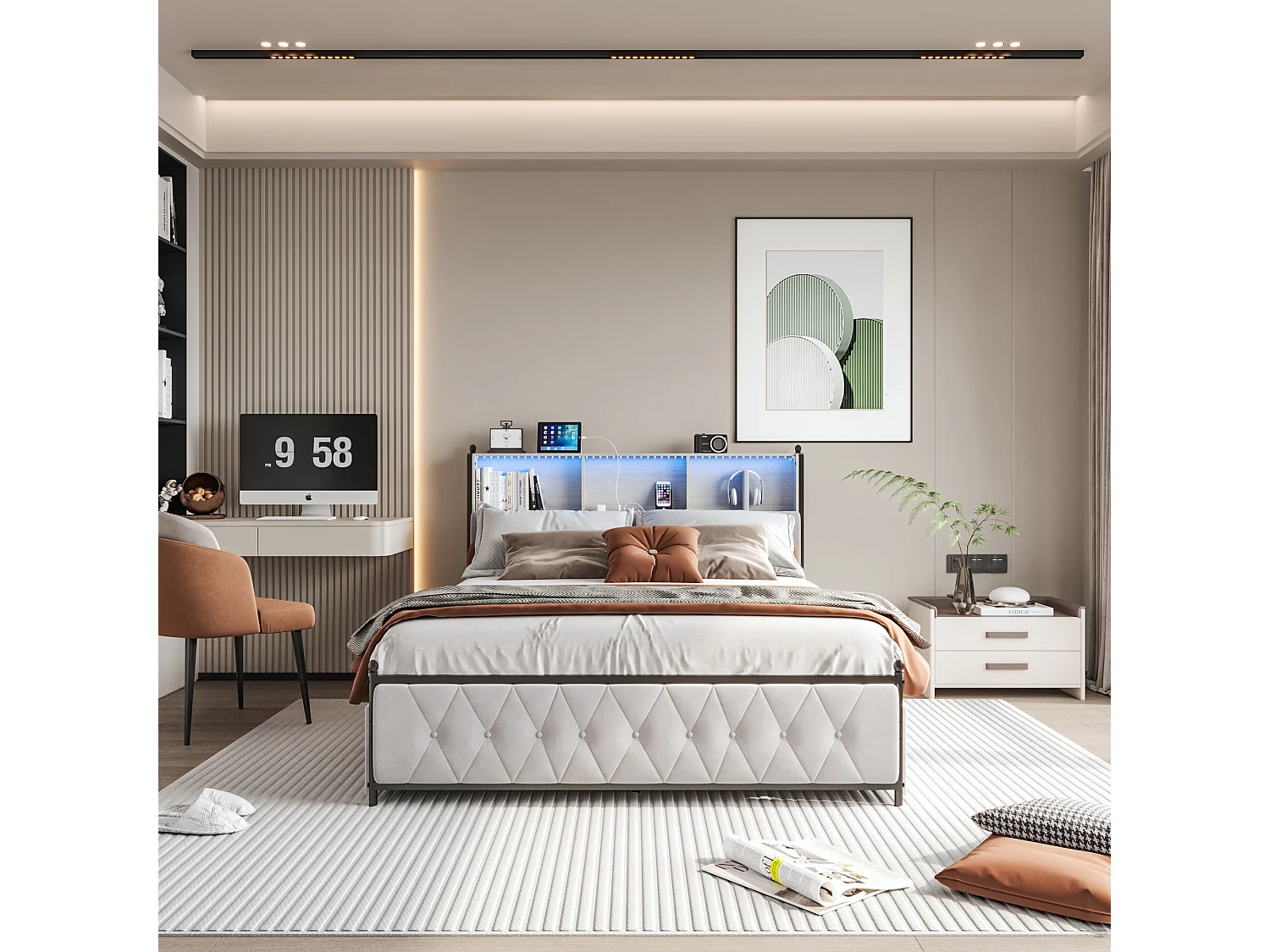 Gestoffeerd tweepersoonsbed 160x200cm, met 2 USB-poorten, LED-bed met 4 opberglades, fluweel, beige