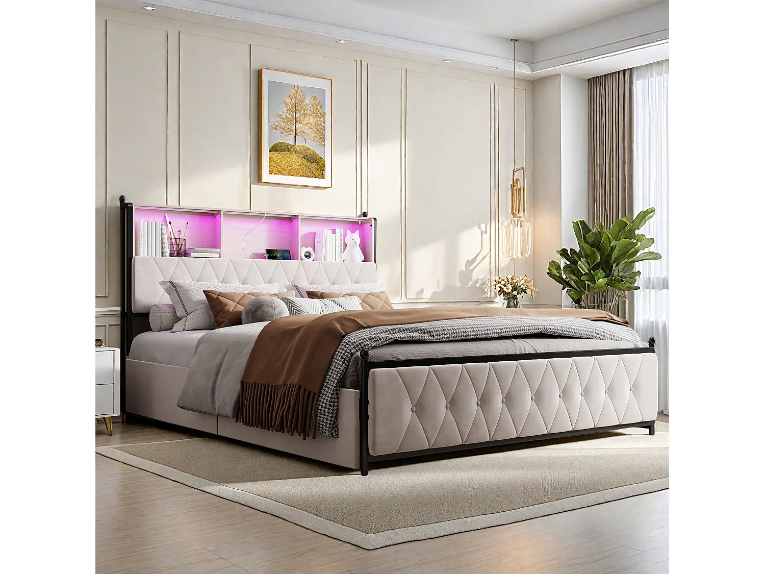 Gestoffeerd tweepersoonsbed 160x200cm, met 2 USB-poorten, LED-bed met 4 opberglades, fluweel, beige