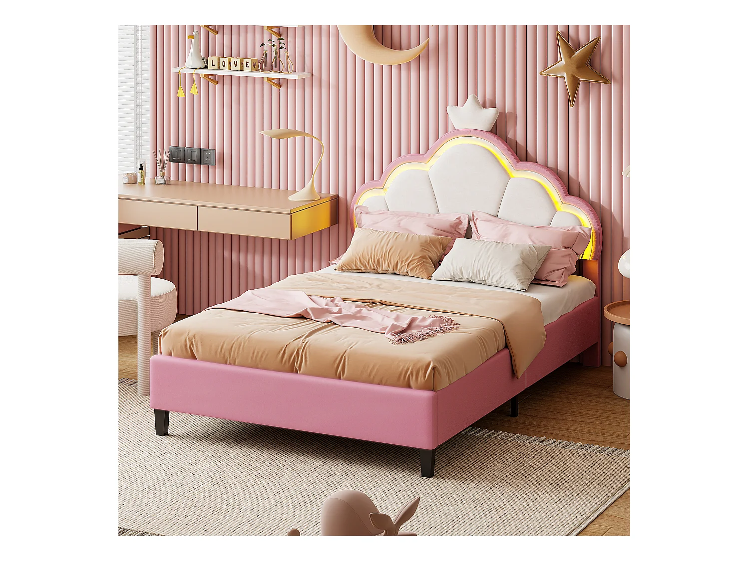 Gestoffeerd kinderbed 90 x 200 cm, LED, in hoogte verstelbaar hoofdbord en lattenbodem, roze