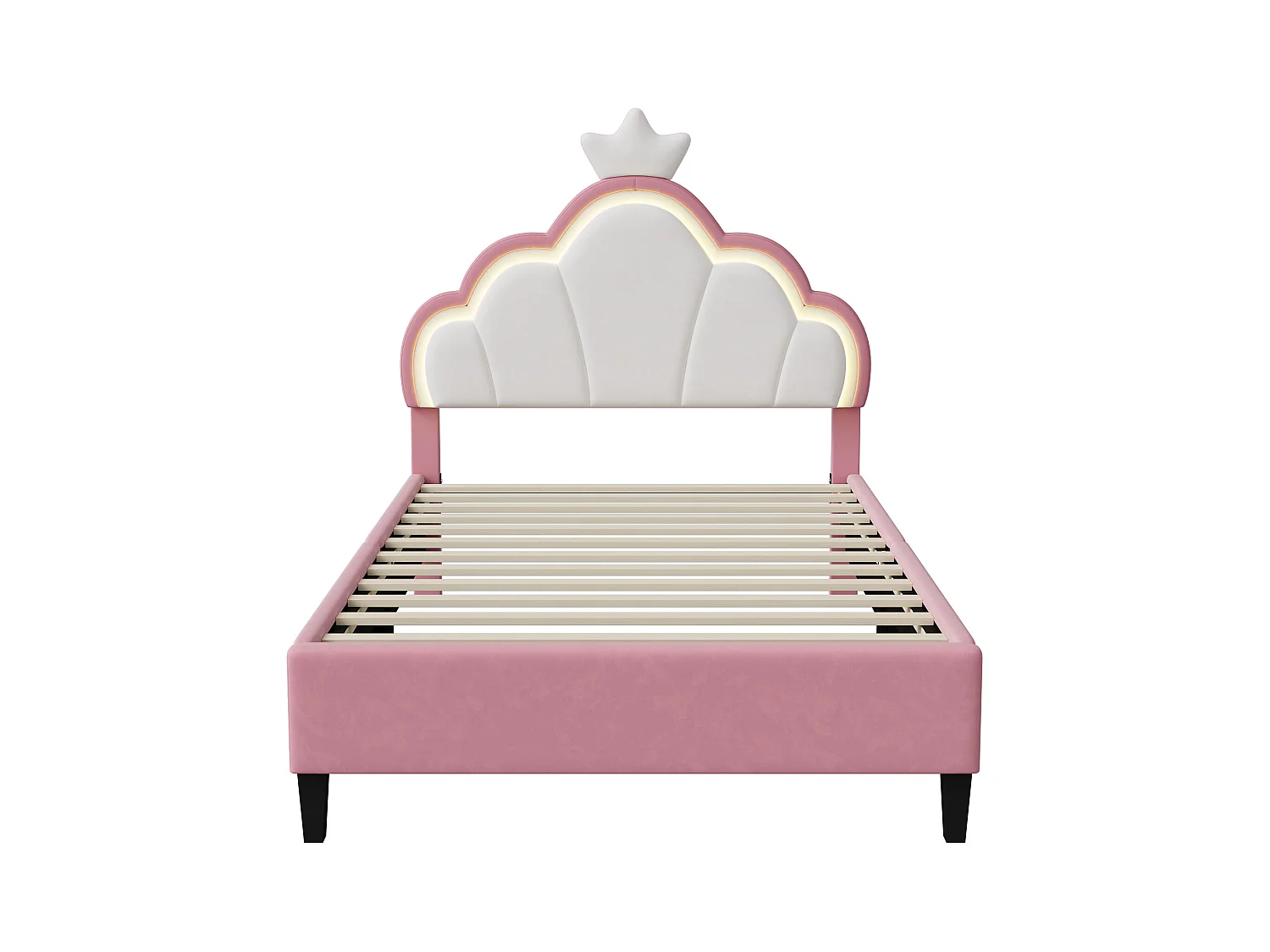 Gestoffeerd kinderbed 90 x 200 cm, LED, in hoogte verstelbaar hoofdbord en lattenbodem, roze