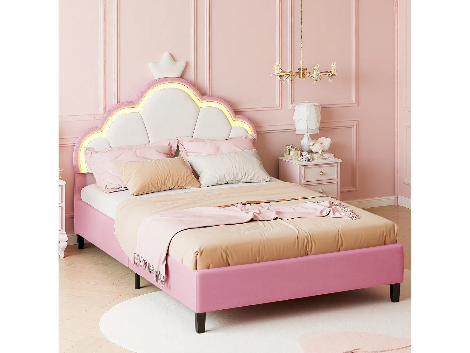 Lit Rembourré 90 x 200 cm,lit Princesse avec tête de lit LED réglable et sommier à Lattes, lit Fille, Design Forme Couronne pour Enfants et Adolescents, Rose