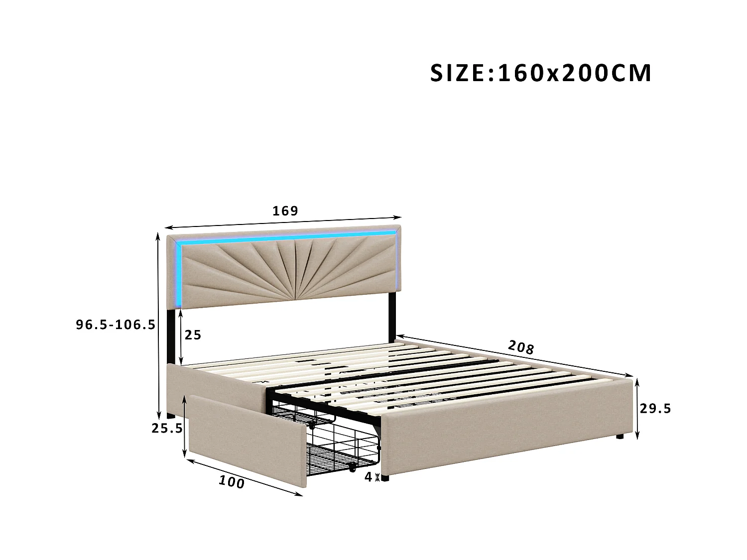 Cama de casal 160x200cm estofada com base, 4 gavetas de armazenamento, cabeceira com iluminação LED, bege