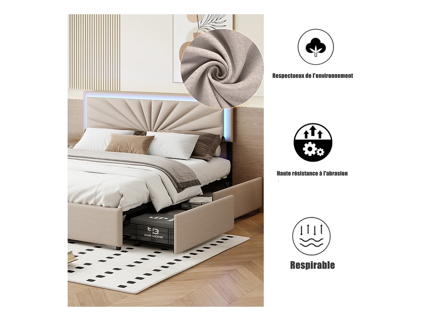 Cama de casal 160x200cm estofada com base, 4 gavetas de armazenamento, cabeceira com iluminação LED, bege