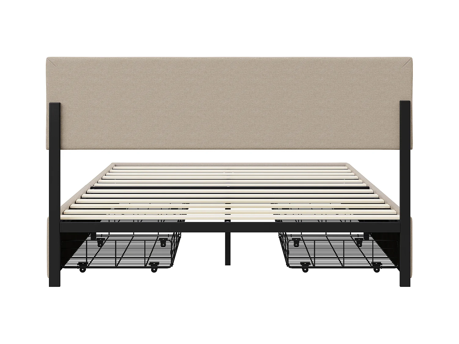 Cama de casal 160x200cm estofada com base, 4 gavetas de armazenamento, cabeceira com iluminação LED, bege