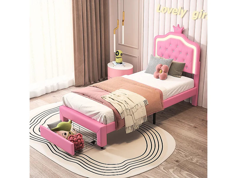 Letto imbottito 90 x 200 cm, con cassetti, LED, con rete a doghe e schienale, rosa