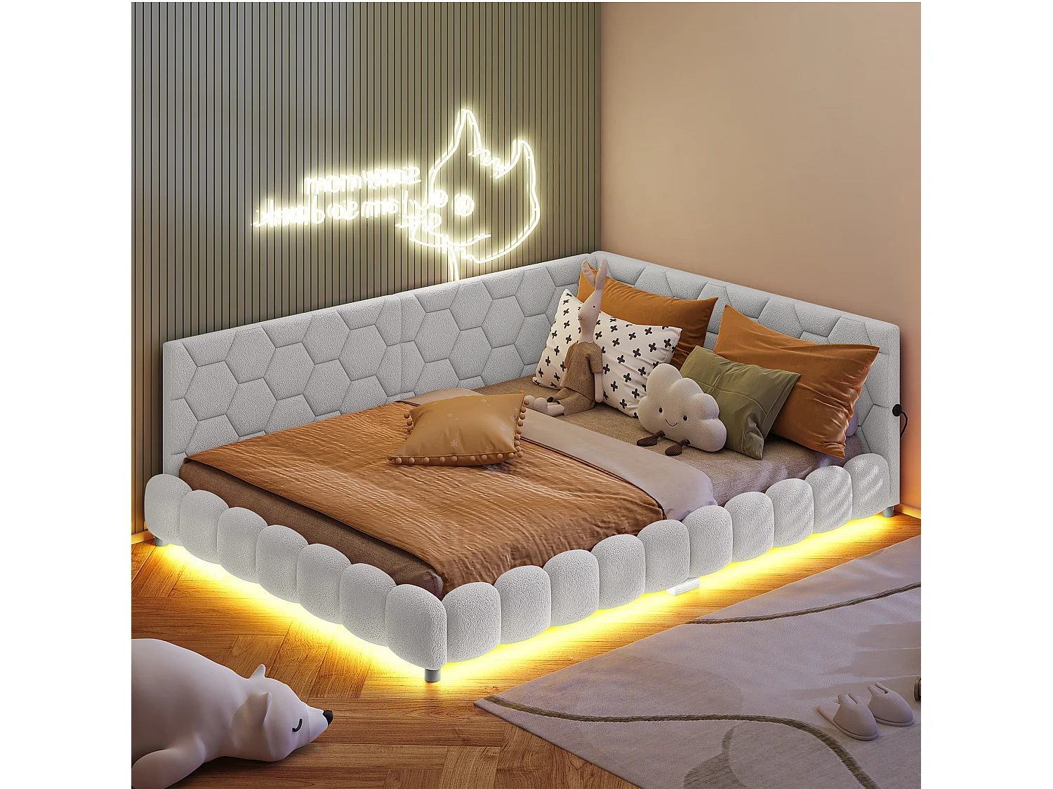 Canapé-lit double rembourré 140 x 200 cm avec LED et USB, cadre de lit avec sommier à lattes, blanc