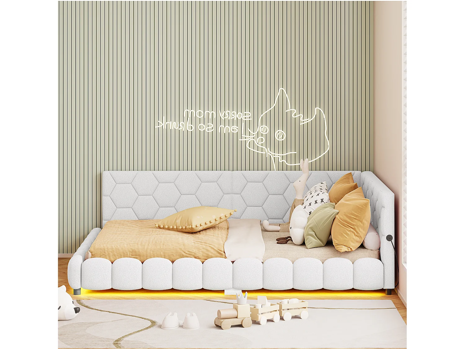 Cama estofada de 140x200 cm, iluminação LED de 16 cores, portas USB e Type-C integradas, estrado de ripas, branca.