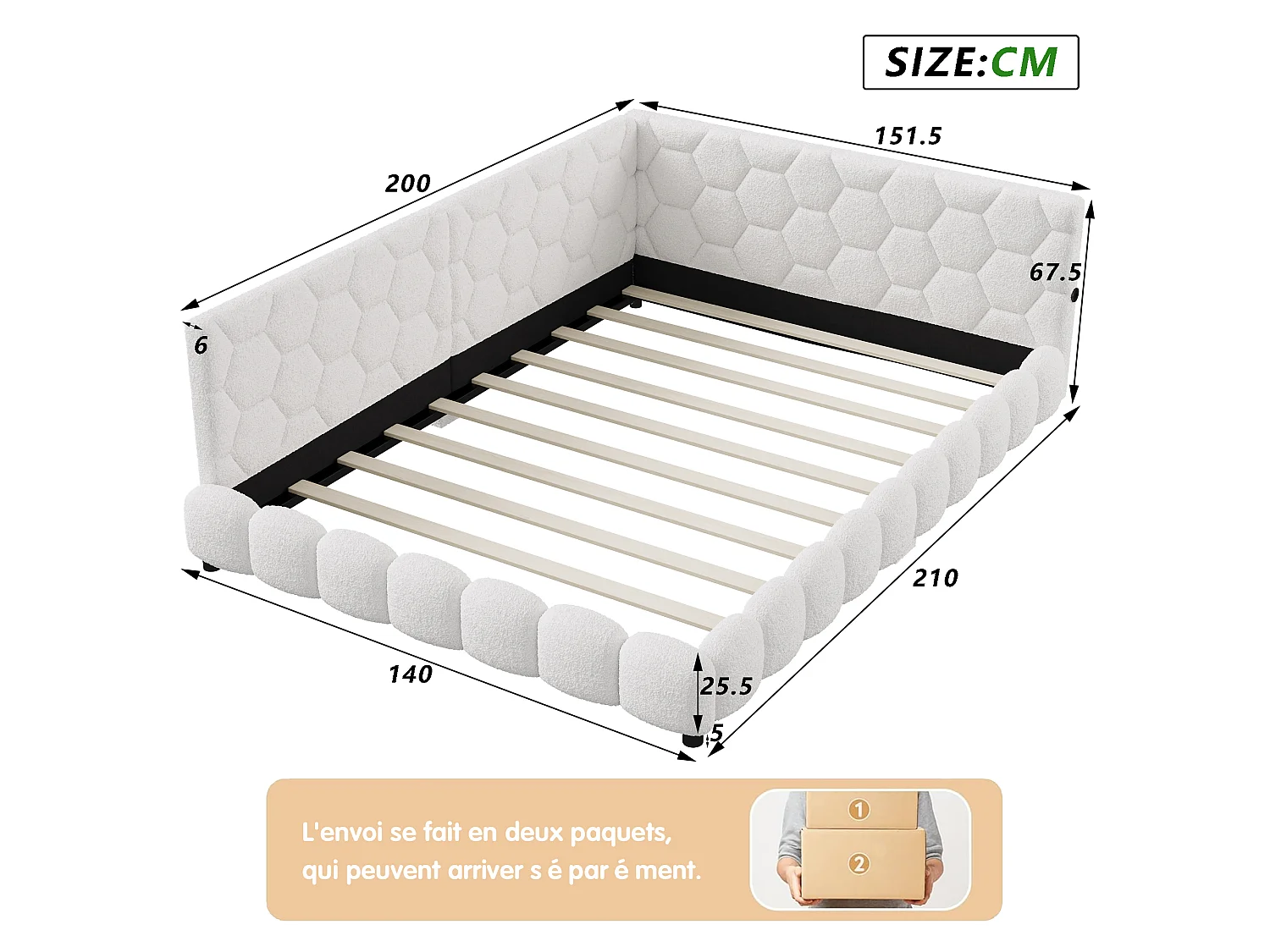 Cama estofada de 140x200 cm, iluminação LED de 16 cores, portas USB e Type-C integradas, estrado de ripas, branca.