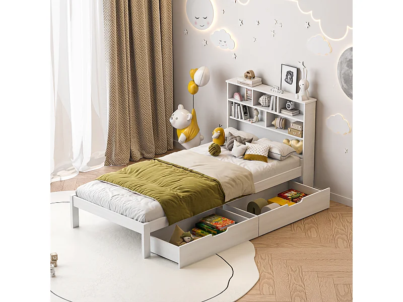 Bed 90 x 200 cm met lattenbodem, Eenpersoonsbed met 2 lades, Hoofdbord met opbergruimte, Wit